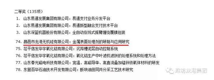 【喜訊】昌邑市龍港無機(jī)硅有限公司獲山東省技術(shù)創(chuàng)新優(yōu)秀成果和優(yōu)秀新產(chǎn)品一等獎(jiǎng)等多個(gè)獎(jiǎng)項(xiàng)！